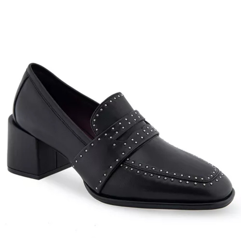 Aerosoles Adore Block Heel Studded Black Loafers Size 8